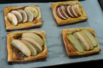 Apple and caramel dessert on puff pastry. Baking. Apples and caramel