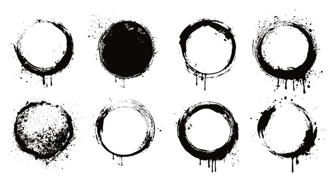 Grunge round paint brush strokes with spray effect and dirty ink circles. Coffee rings with drips and splatter isolated on white background. Vector messy grunge frame splash, retro