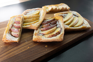 Apple and caramel dessert on puff pastry. Baking. Apples and caramel