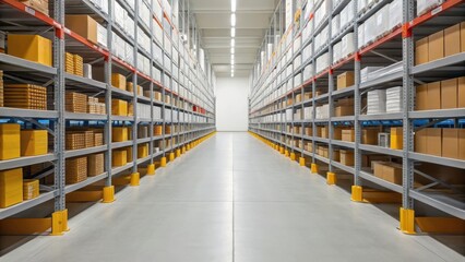 A spacious warehouse aisle lined with shelves filled with neatly stacked boxes, illuminated by bright overhead lights.