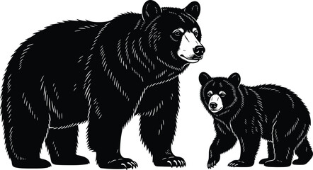 Black bear with cub in forest silhouette, wildlife protection artwork, animal family bond, nature illustration, conservation concept, black vector design