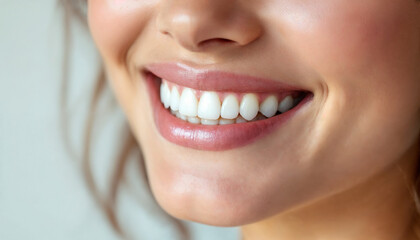 Obraz premium Confident woman smiling brightly with perfect white teeth, clean white backdrop. 