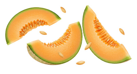 Close Up of Orange Melon Slices with Seeds Isolated on Black Transparent Background