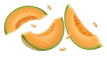 Close Up of Orange Melon Slices with Seeds Isolated on Black Transparent Background
