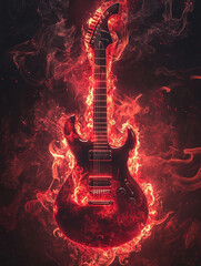 A dark, moody image showcases an electric guitar engulfed in vivid orange and red flames, creating a powerful and intense visual.