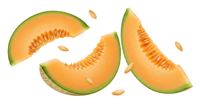 Close Up of Orange Melon Slices with Seeds Isolated on Black Transparent Background
