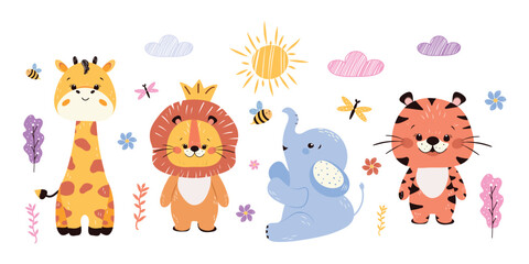 Children's cute set with hand-drawn animals. Lion cub, elephant cub, giraffe cub, and tiger cub. Vector design with jungle animals for children on a white background.