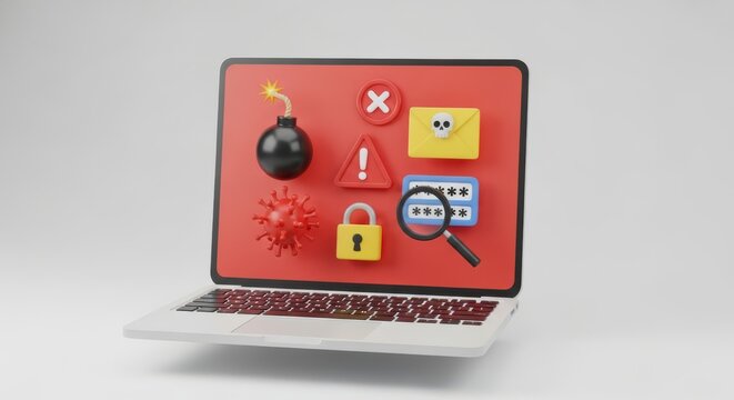 Laptop displaying bomb, skull mail, virus, and security icons indicates a potential security breach