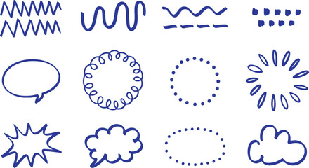 Blue hand drawn doodle shapes and speech bubbles vector