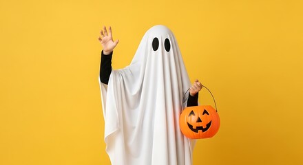 Child in a classic ghost costume holding a halloween pumpkin trick or treat bucket