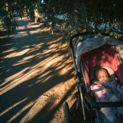 Serene Baby in Stroller on a Tranquil Tree-Lined Pathway