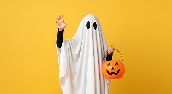 Child in a classic ghost costume holding a halloween pumpkin trick or treat bucket