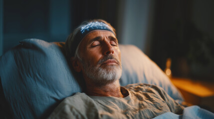 Obraz premium A calm elderly man lies in bed, undergoing hypnosis therapy for sleep treatment. The room is softly lit, creating a peaceful atmosphere aimed at addressing his health issues.
