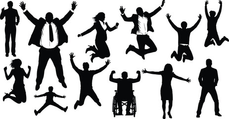 Diverse business team jumping in celebration, inclusive corporate success, wheelchair representation, energetic unity, teamwork victory, black silhouette, white background, positive vibe