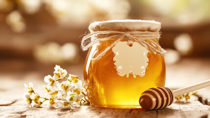 Golden honey jar with white blossoms and dipper on wooden table