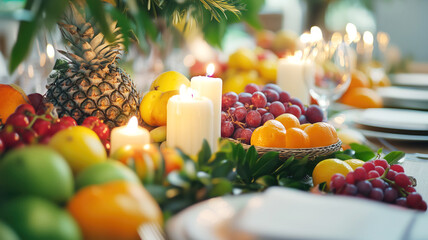 Vibrant fruit and candle arrangement on elegant dining table