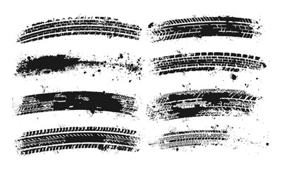 Isolated black tire marks and tread prints with grunge splashes, vector wheel textures for motocross, rally, drift, off-road, dirt, speed, skid effects, vehicle trails, and race track backgrounds. © aura studio