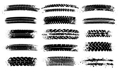 Vector tire tread textures with isolated wheel prints, black monochrome splashes, and grunge effect for motocross, rally, off-road, drift, dirt trails, motorcycle scratches, car skids © aura studio