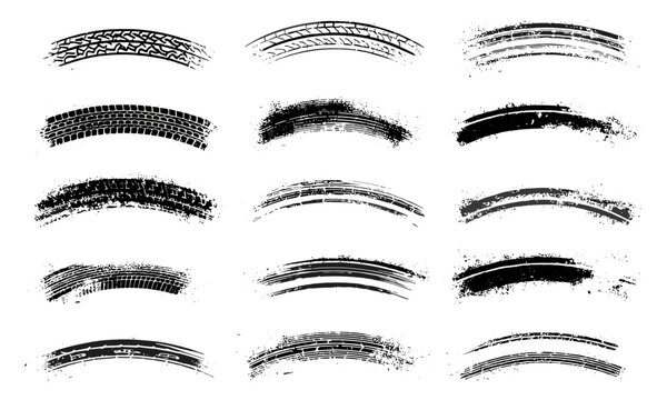 Tire skid marks and wheel tracks for rally, motocross, drift, drag racing, and off-road vehicles. Vector monochrome grunge splashes and tire tread patterns for automotive and motorcycle design