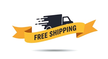 FREE SHIPPING banner with truck icon and bold ribbon as vector design