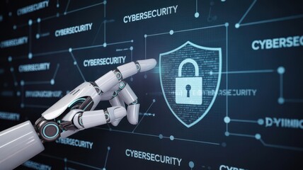 Robotic hand interacts with digital cybersecurity shield displaying a network of connections on a screen