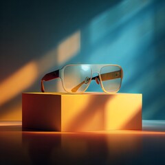 Stylish Sunglasses on a Geometric Block with Dramatic Lighting