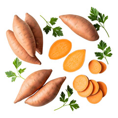 Sweet potatoes with parsley garnish isolated on transparent background.  A collection of whole and sliced sweet potatoes arranged with fresh parsley sprigs