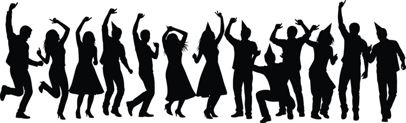 Group of people dancing together in celebration, silhouette party scene, joyful movement illustration, festive crowd, energetic pose, black vector design