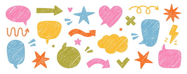 Chalk pencil speech bubbles, arrows and ribbons doodle set. Crayon communication frame, comic talk balloon in sketch style, Grunge texture. Hand drawn vector illustration isolated on white background