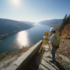 Surveyor Using Equipment Near Scenic Waterway in Autumn Landscape