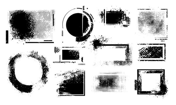 Grunge style geometric shapes with torn edges and halftone splashes, featuring circles, squares, and rectangles. Universal text callouts, template stickers, vector graphic boxes, jagged