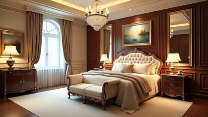 Luxurious bedroom interior design with classic furniture.