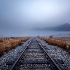 Fototapeta premium Foggy Railroad Tracks Stretching into the Misty Distance