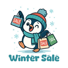 Winter Sale &ndash; A Cute Penguin Joyfully Carrying Shopping Bags in the Snow