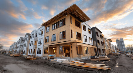 Obraz premium Wooden Frame Residential Buildings Under Construction With Insulated Exterior And Blue Sky Background