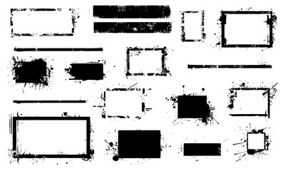 Vector grunge callouts with spray paint effect, jagged torn frames, rectangles, squares, splashes, and weathered badges. Perfect for graffiti art, textured backgrounds, stencil shapes