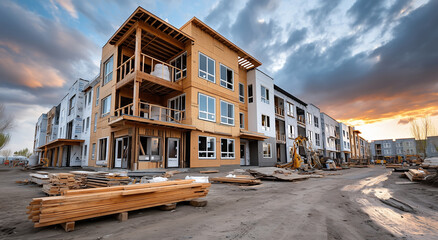 Multi Family Residential Construction Site With Wooden Materials And Exterior Panels Under Blue Sky