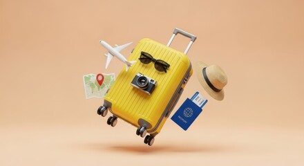 Vacation suitcase has plane, camera, sunglasses, hat, ticket and passport on peach background