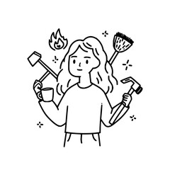 Woman juggling hammer, broom, fire, and cup of coffee in a black and white line art illustration