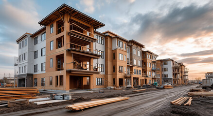 Large Scale Urban Apartment Construction Project With Wood Panels And Machinery On Dusty Road
