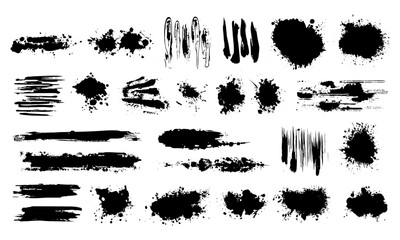 Black spray paint splatter, brushstroke, and ink drip graphics set in messy grunge style. Handwritten stencil textures, dirty backgrounds, vector box frames, distress effects, and artistic elements