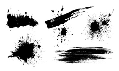 Naklejka premium Artistic black dried paint splatter in grunge style. Isolated ink brush strokes and stencil textures for graphic design, callout text fields, abstract splash elements, vector drip pattern