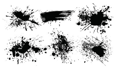 Fototapeta premium Black paintbrush strokes with dried splatter stains and ink blot textures. Abstract grunge splashed ink stencil for graphic design, vector illustration, textured backgrounds, drip effects, splash art.