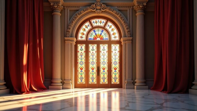 Ornate stained glass doorway in a grand hall.