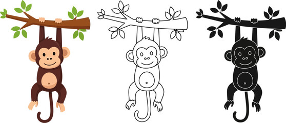 Cute monkey hanging from tree branch vector illustration for kids design and coloring book