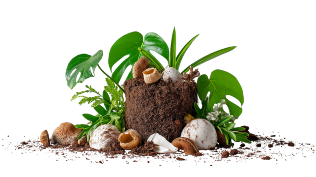 Compost Pile with Mushrooms and Plants on Gray