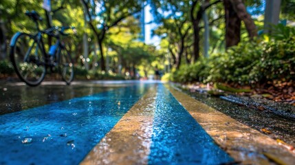 Wet pavement bicycle lane in a park.
