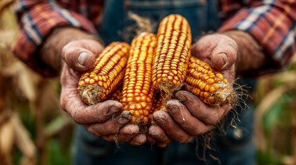 Farmer hands holding fresh corn cob harvest