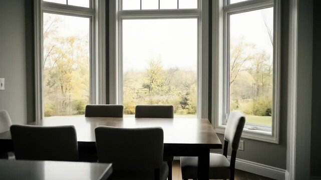 Dining Room Table by Bay Window Overlooking Fall Trees