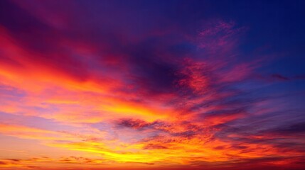 Dramatic sunrise with gradient orange and purple clouds, creating a panoramic abstract sky view.